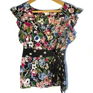 Odille Anthropologie silk short sleeve, floral & polka dot blouse. Size 6.